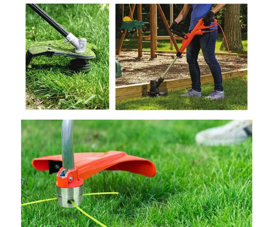 Silver aluminium Luzhu lawn mower grass trimmer head with four light yellow square ropes, wrench, and gasket.