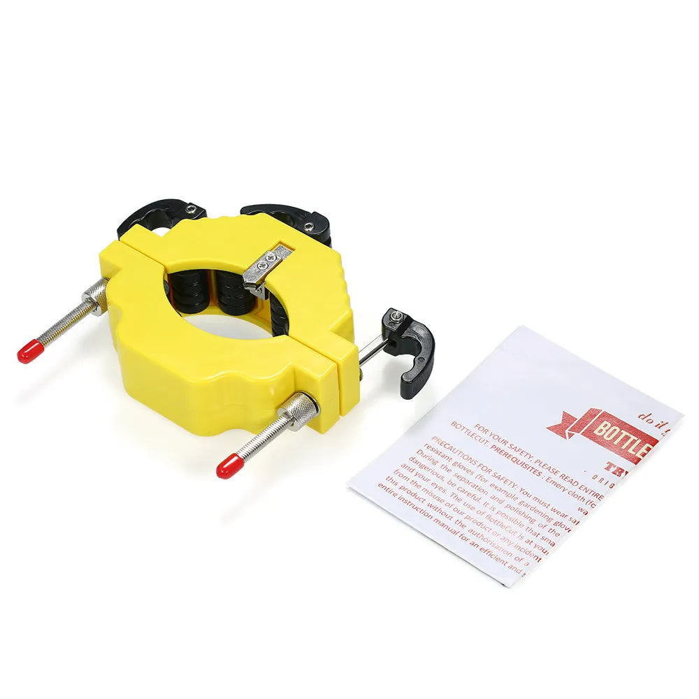 Yellow bottle cutter tool for glass bottles 50mm to 120mm diameter with adjustable cutting mechanism