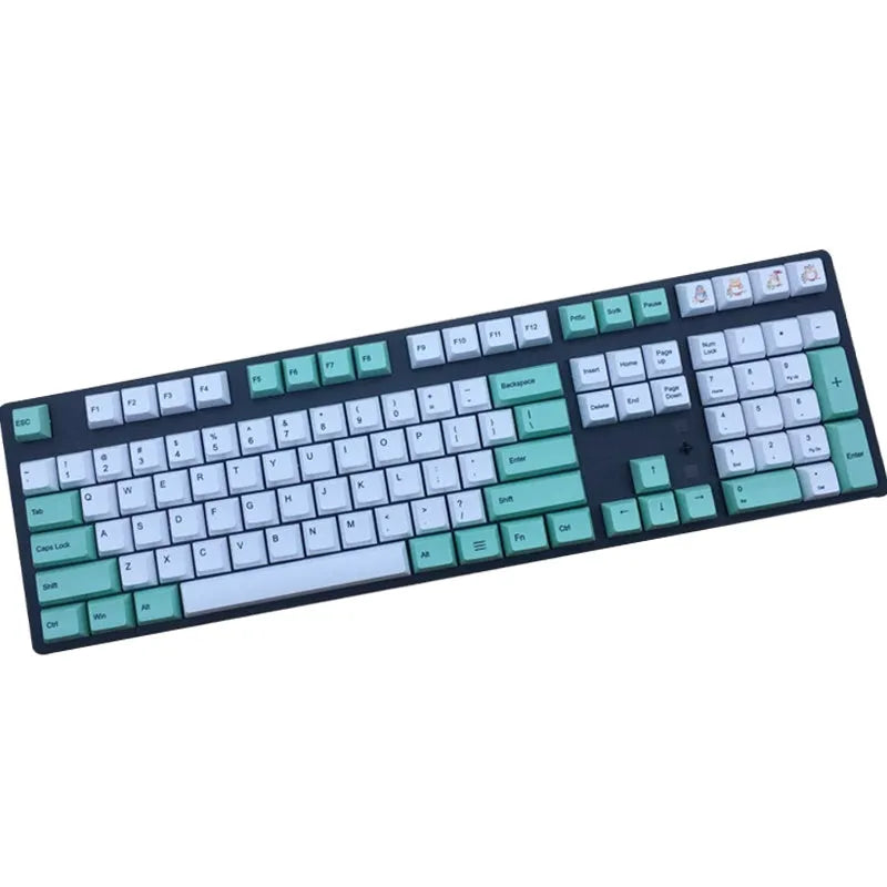 PBT thermal sublimation keycap set showing Japanese Russian Korean multilingual layouts with colour options