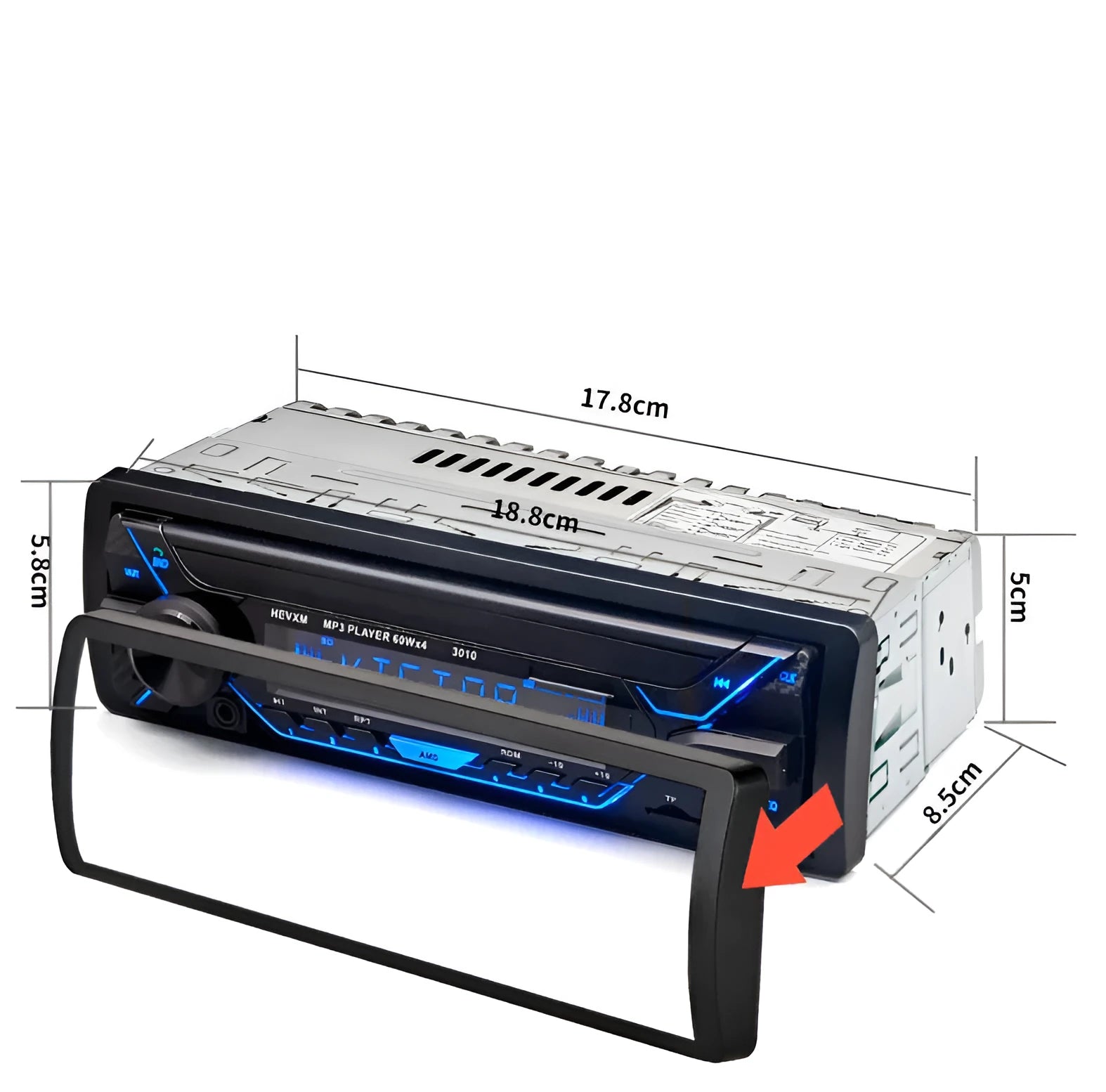 Car radio MP3 player with Bluetooth, USB/TF slots, LCD display, and front panel controls