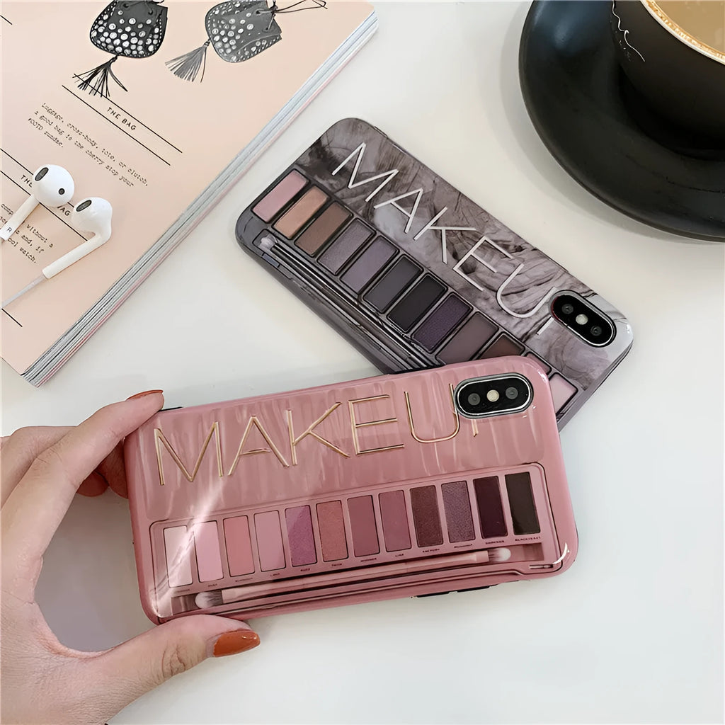 Silicone iPhone case with an eye shadow colour palette design, shown in Flesh and Grey colours.