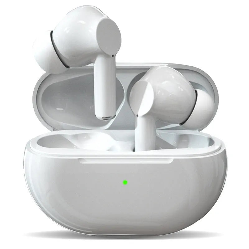 Pro4 wireless Bluetooth headset with two earpieces and a charging case in black or white.