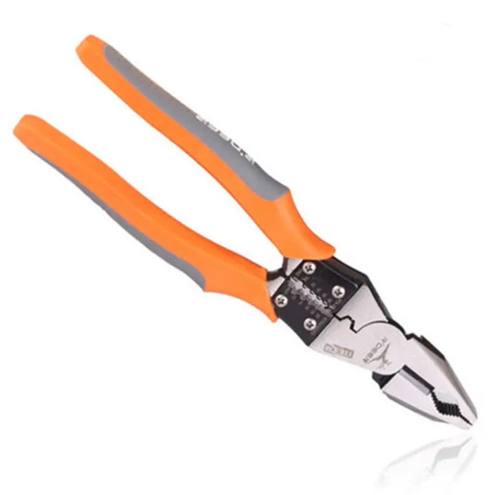 Orange-handled 9-inch multi-function wire cutter pliers with chrome steel jaws on a workbench.