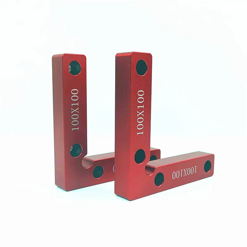 Aluminium right angle woodworking positioning block with scale, shown next to 100mm and 120mm size options.