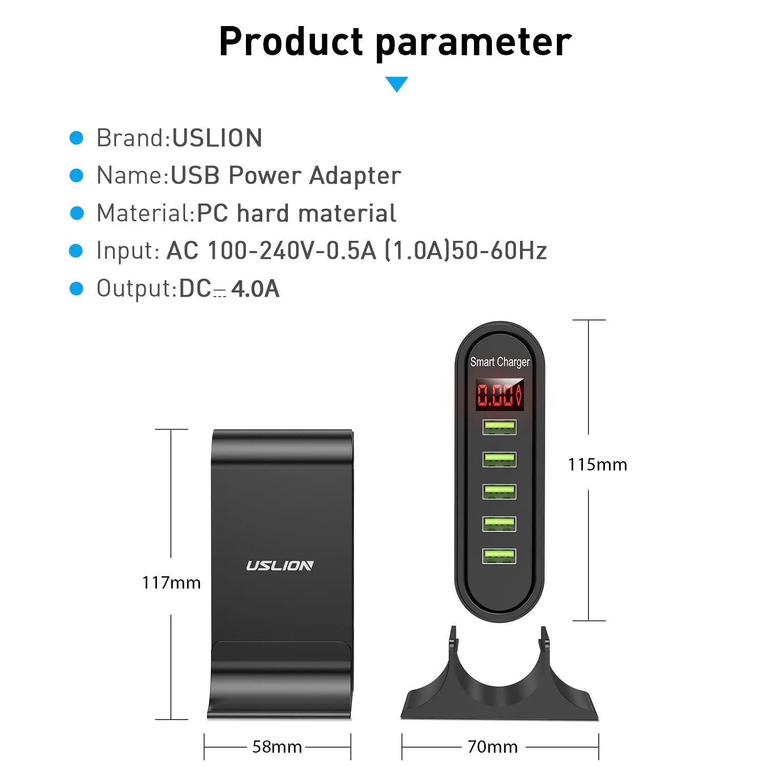 Smart LED digital display USB wall charger in black or white with EU, UK, or US plug options.