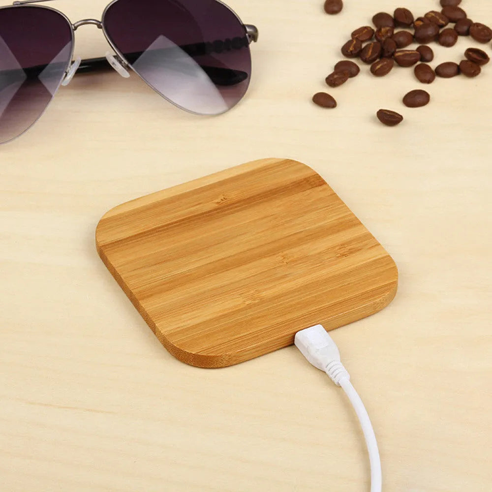 Square brown bamboo wood 5W Qi wireless charger with red and green LED lights