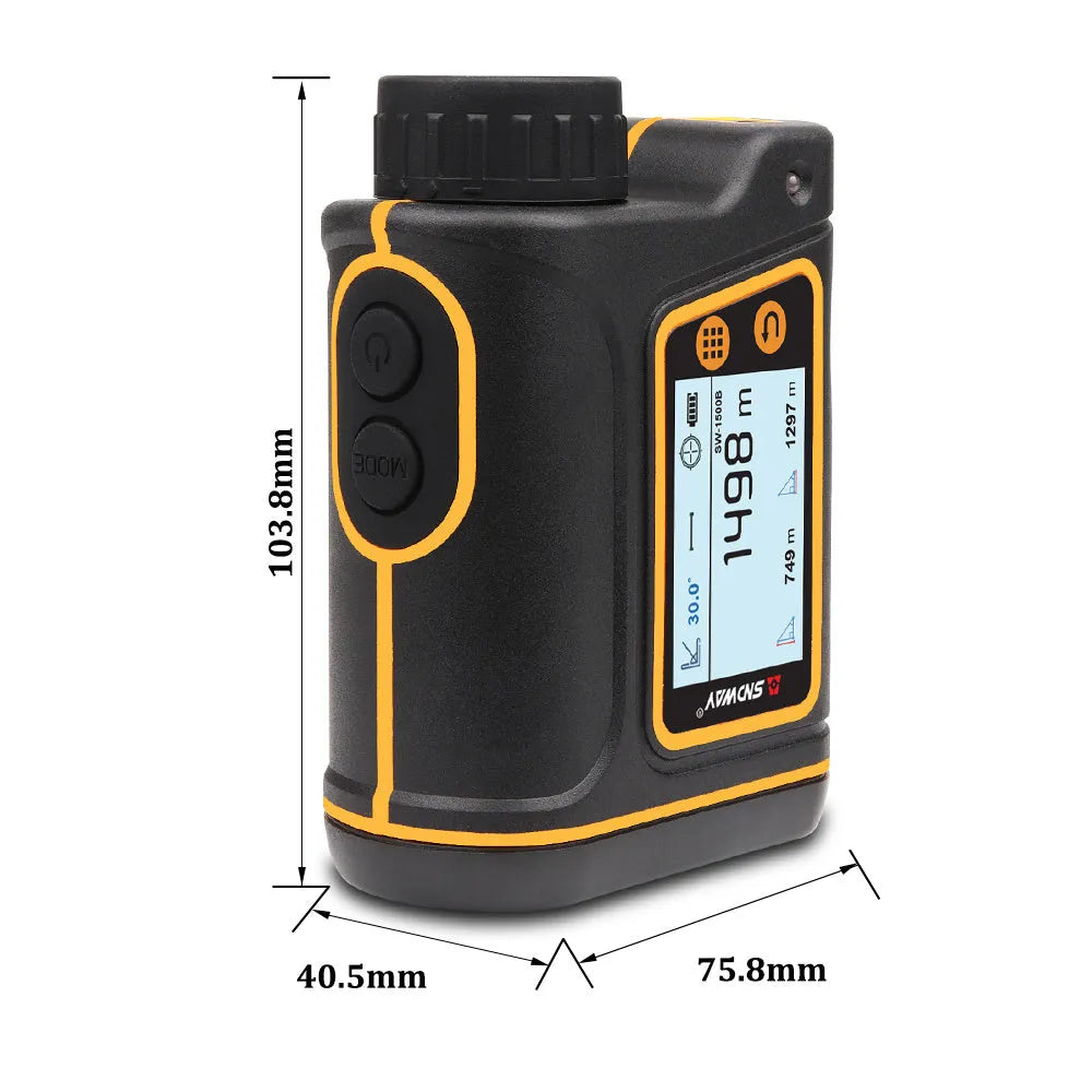 Compact black handheld golf laser rangefinder with display screen for measuring distance and slope.