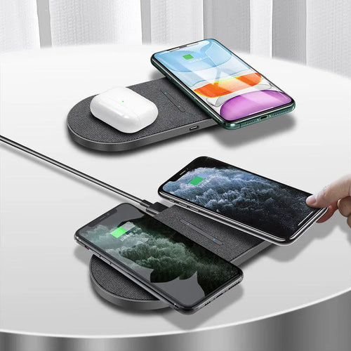 Black dual wireless charging pad for two phones with LED indicators