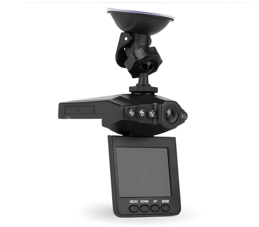 Black HD driving recorder with 120 degree wide angle lens mounted on car windscreen