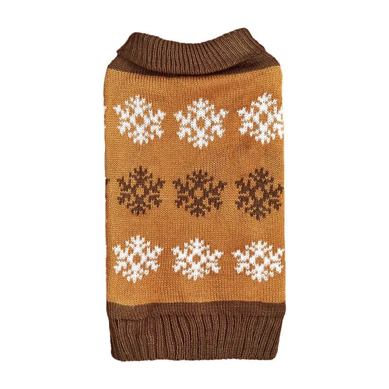 Brown and grey snowflake pattern dog Christmas sweater on pet mannequin showing acrylic knit texture