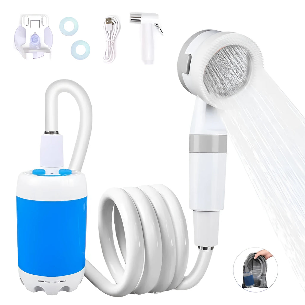 Portable outdoor camping electric shower with 5000mAh rechargeable battery, ABS plastic, IPX7 waterproof, two water output modes, includes pump, showerhead, and shower rack