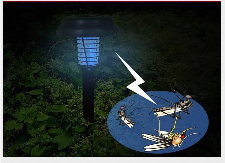 Black solar-powered insect killer garden lamp with white LED and UV purple light.