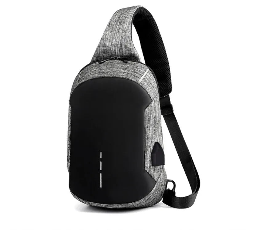 Small square Oxford waterproof chest bag in dark blue with internal phone pocket and single strap