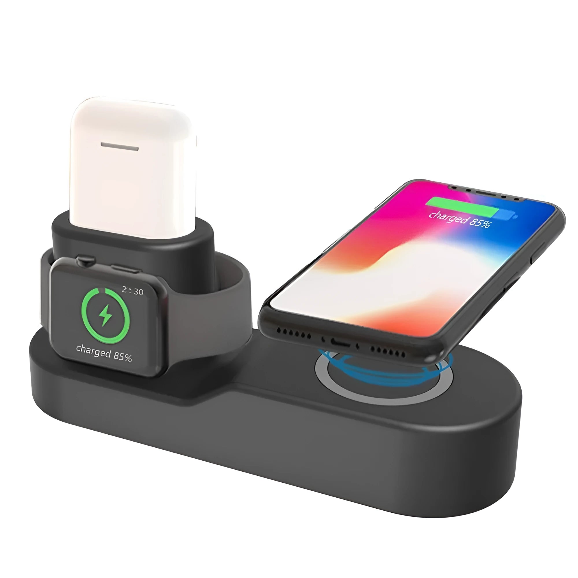 Black W3 three-in-one wireless charging station for iPhone, Apple Watch, and AirPods on a desk
