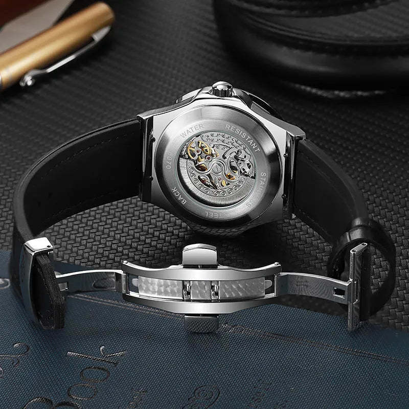 Men's automatic mechanical watch with diamond-studded hollow dial in white shell case