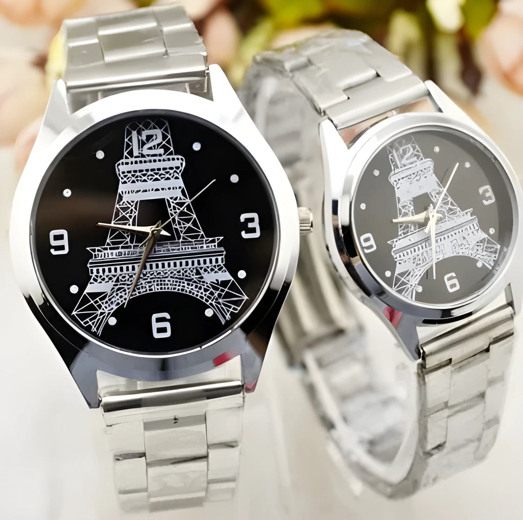 Eiffel Tower wrist watch showing analogue display with Paris landmark design on face