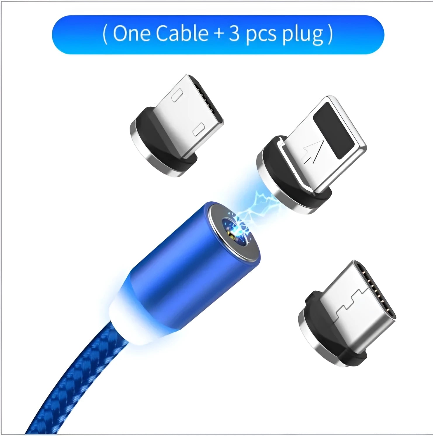 Black braided magnetic USB charging cable with LED light and aluminium connector.