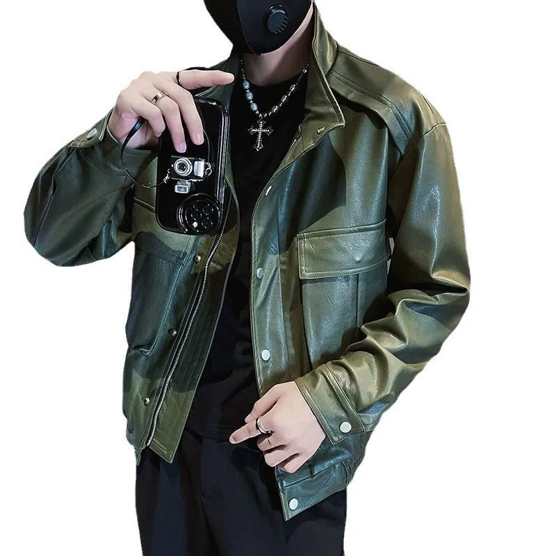 Men's black PU leather pilot jacket with side pockets and a straight hem.