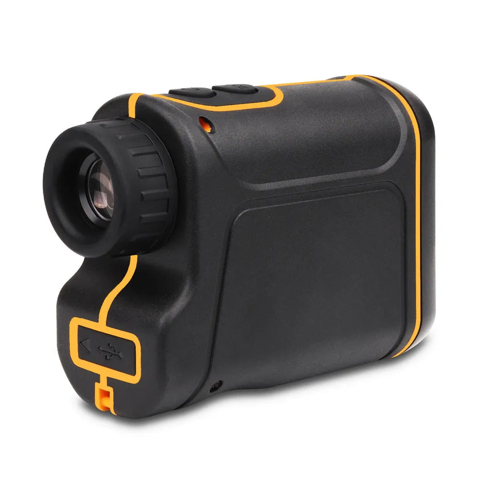 Compact black handheld golf laser rangefinder with display screen for measuring distance and slope.