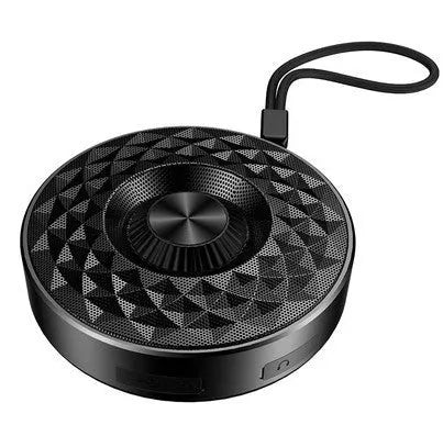 Mini Bluetooth wireless speaker in black, orange, and silvery white colours showing front view