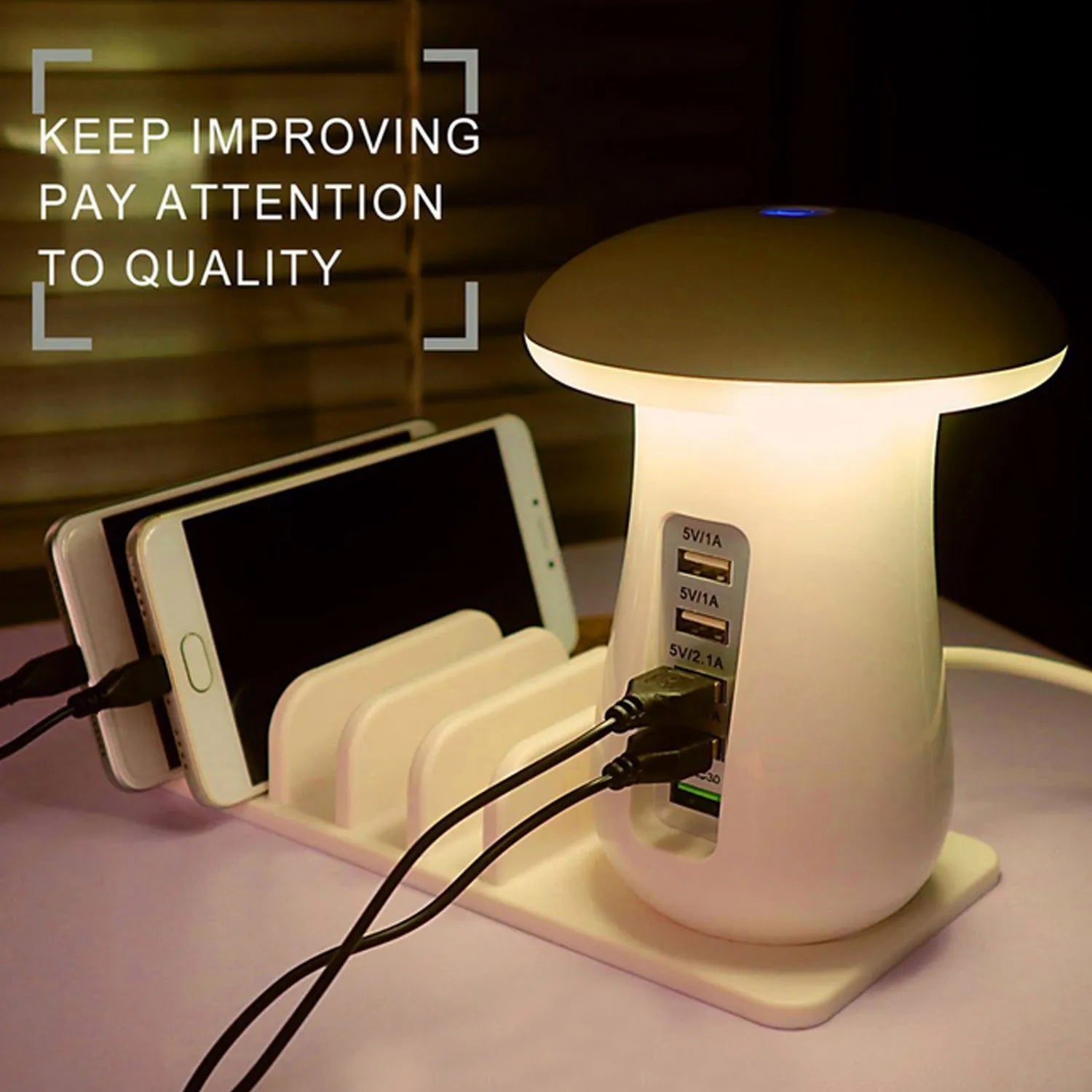 White mushroom-shaped USB charging dock station with 5 ports and integrated LED night light on desk