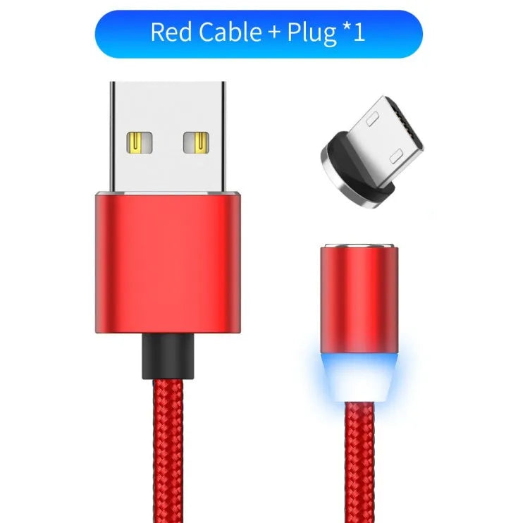 Black braided magnetic USB charging cable with LED light and aluminium connector.