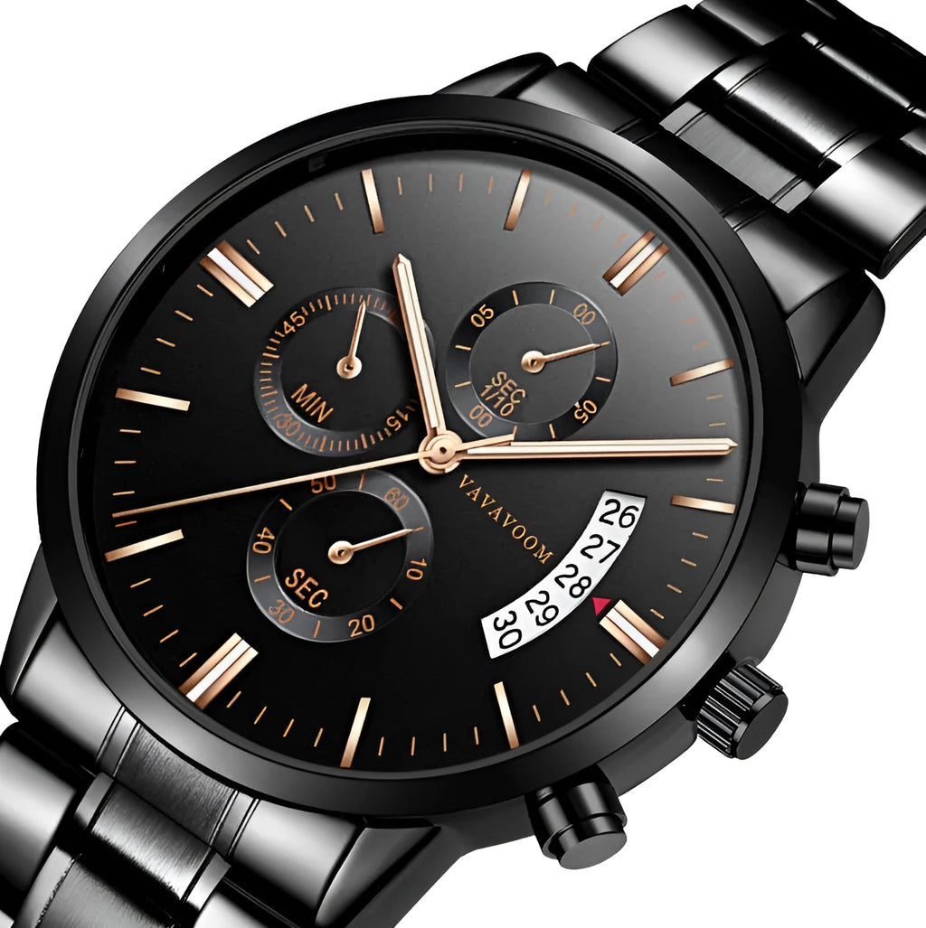 VA VA VOOM men's stainless steel watch with black dial and calendar display