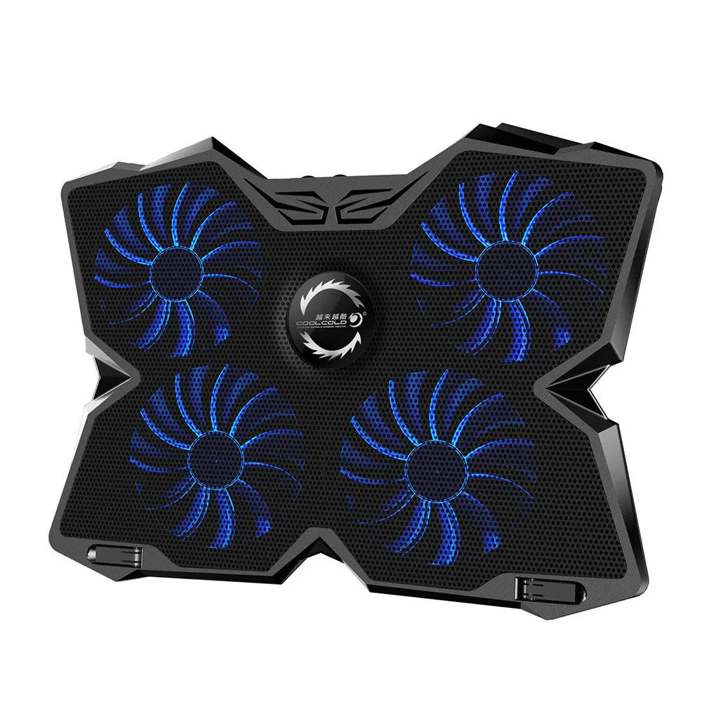 USB-powered computer cooling pad with four blue LED fans, two speed switches, and two USB ports on the side