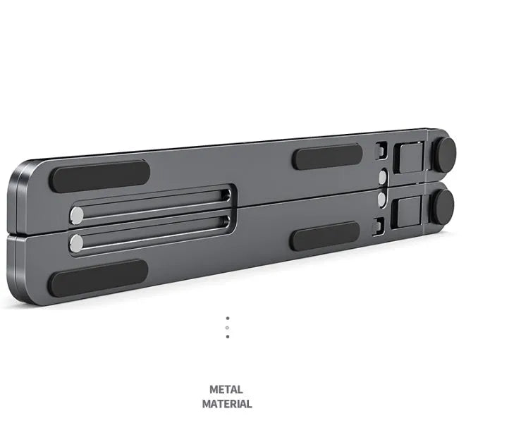 Silver foldable aluminium laptop stand holding a MacBook at an adjustable angle.