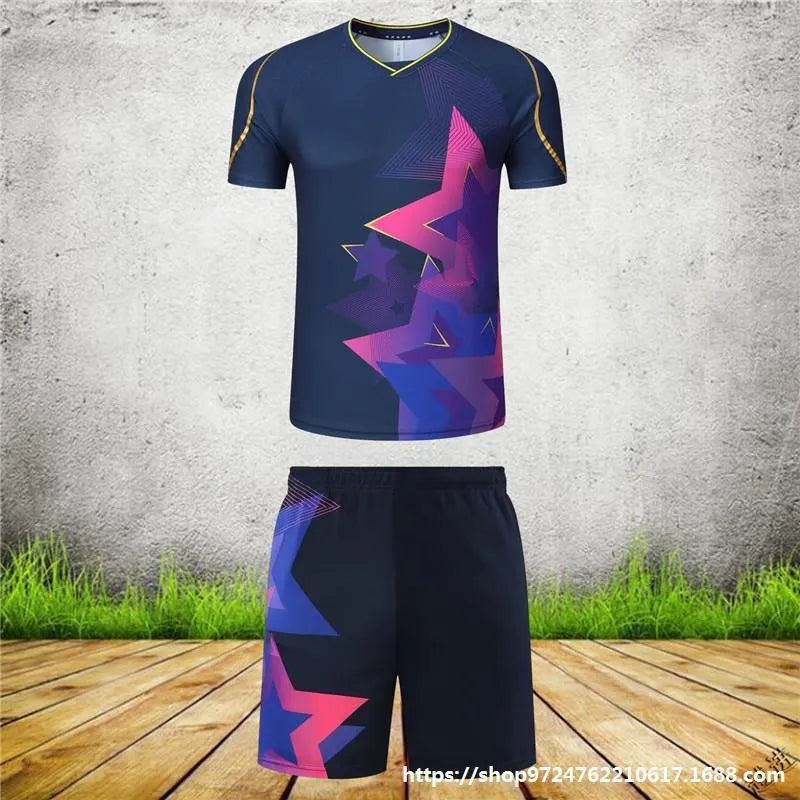 Badminton competition sportswear set in blue and purple colours with short-sleeved top and trousers