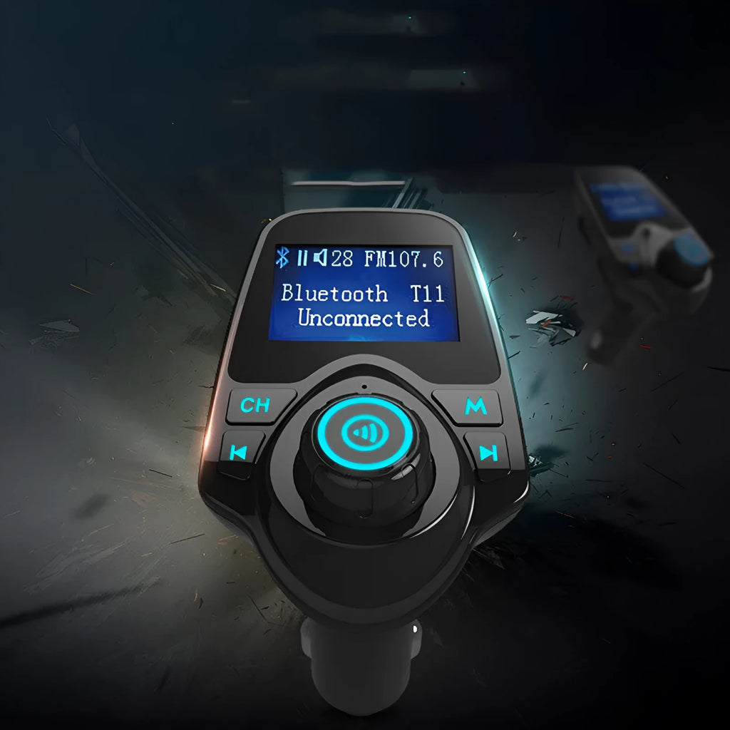 Black G7 model car Bluetooth FM transmitter hands-free kit with USB port and TF card slot.