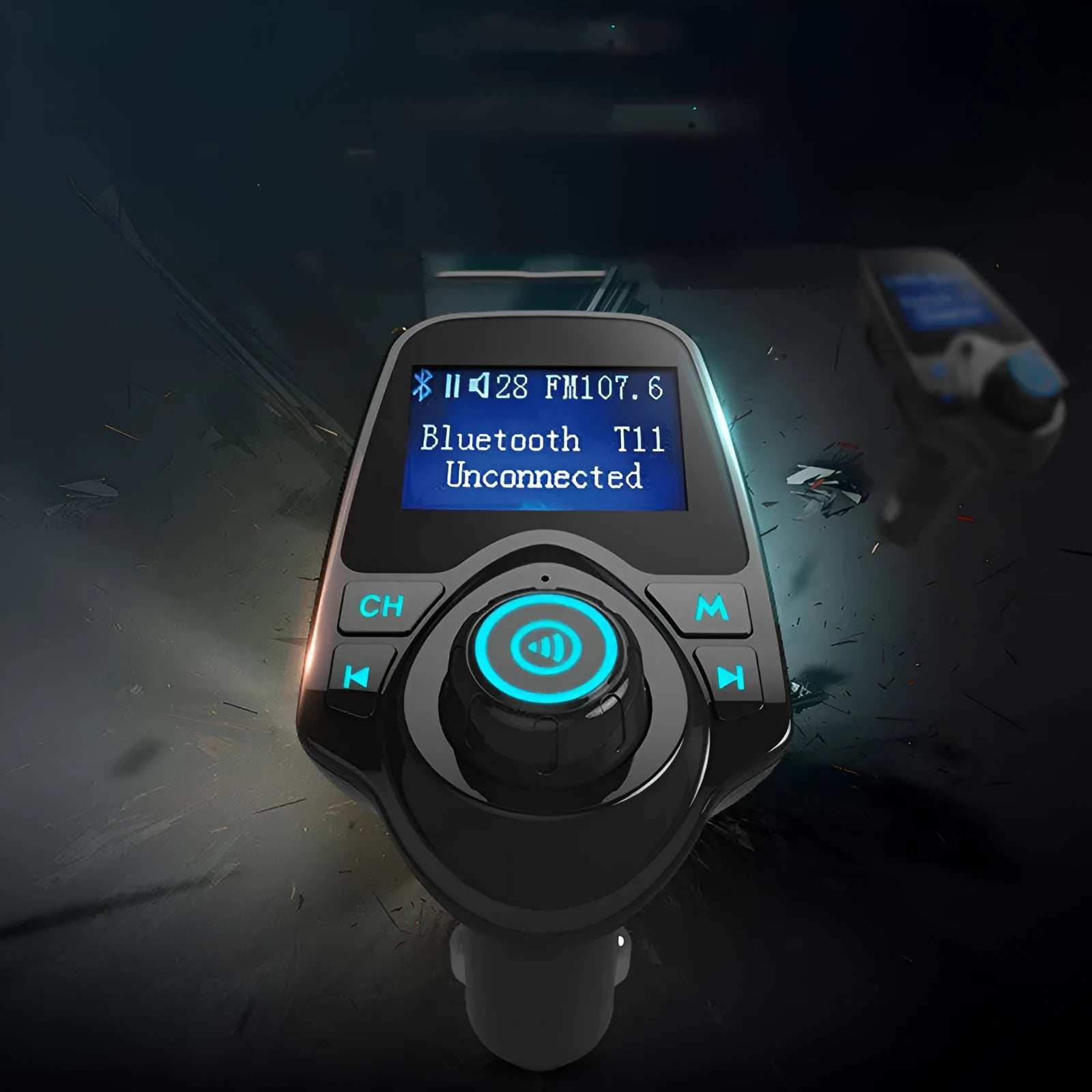 Black G7 model car Bluetooth FM transmitter hands-free kit with USB port and TF card slot.