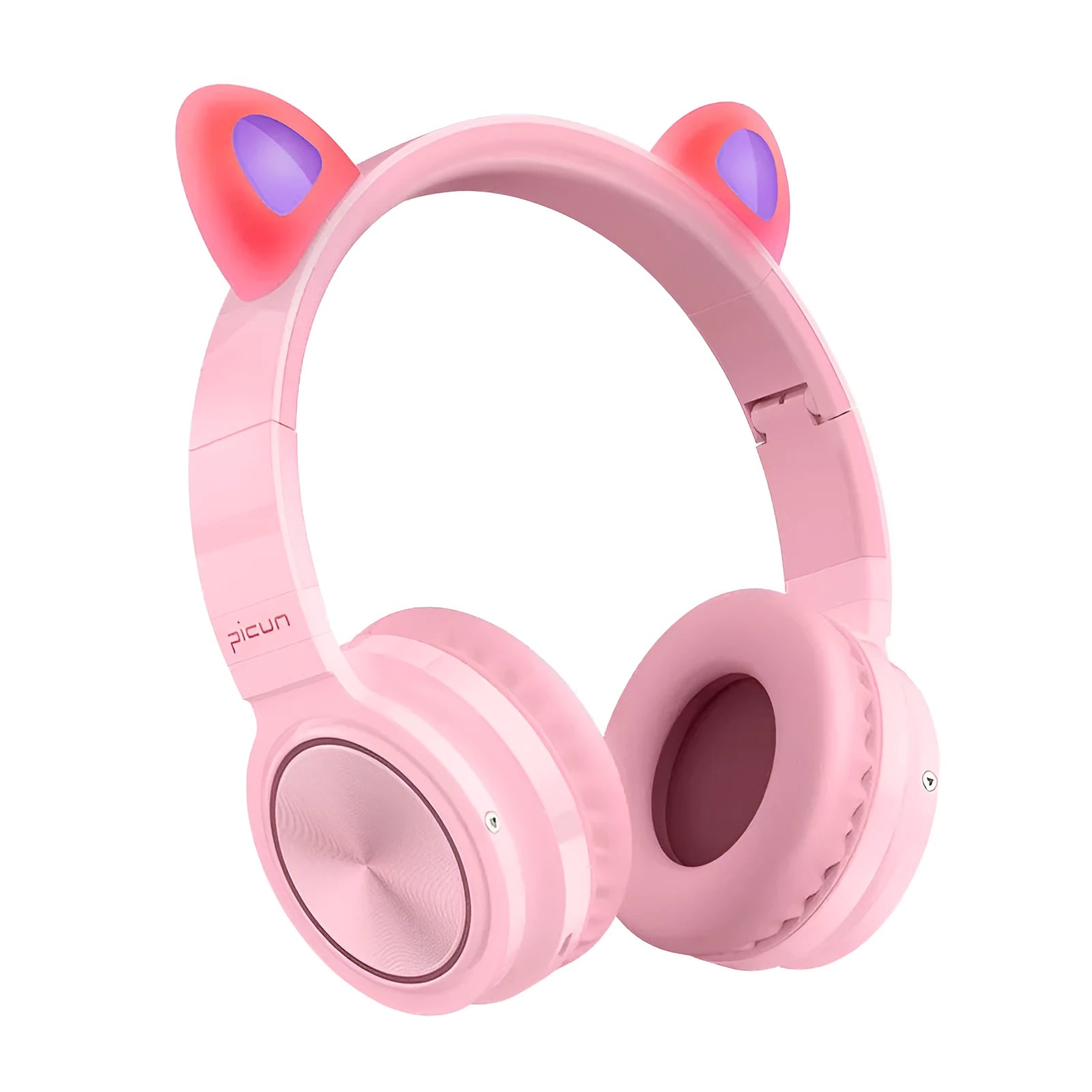 Pink white Luminous Bluetooth over-ear headphones showing protein ear cushions and braided cable.