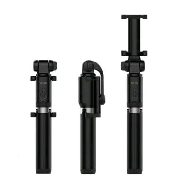 Black Bluetooth selfie stick with tripod bracket extended showing phone clamp and remote control