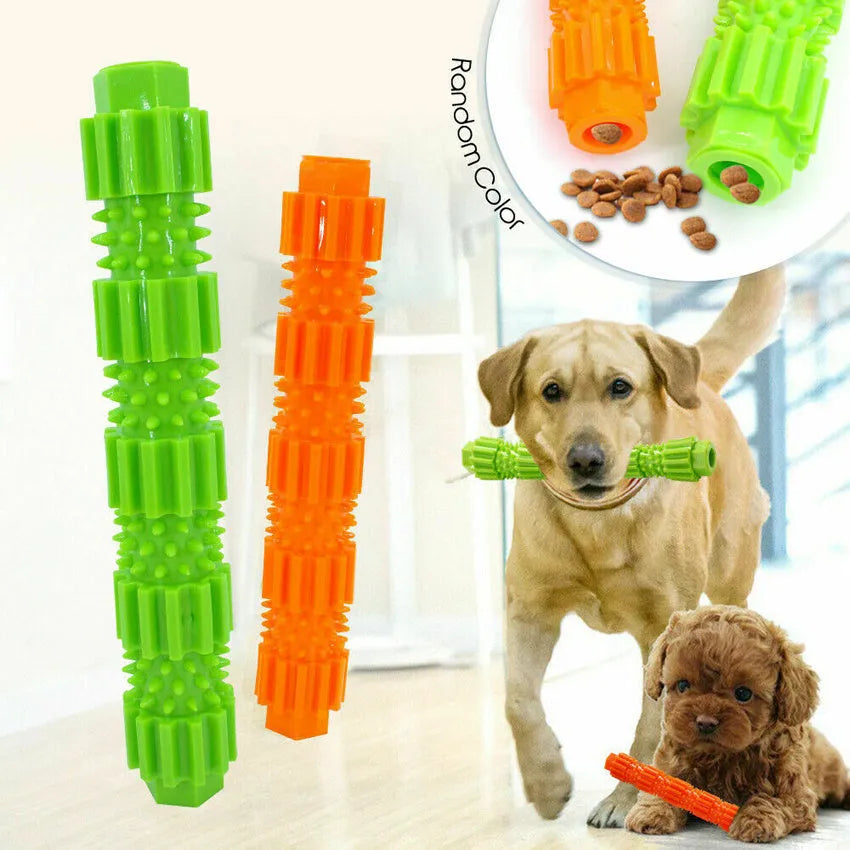 Green and orange natural rubber dog chew toy with treat holes and squeaker for small to medium aggressive chewers.