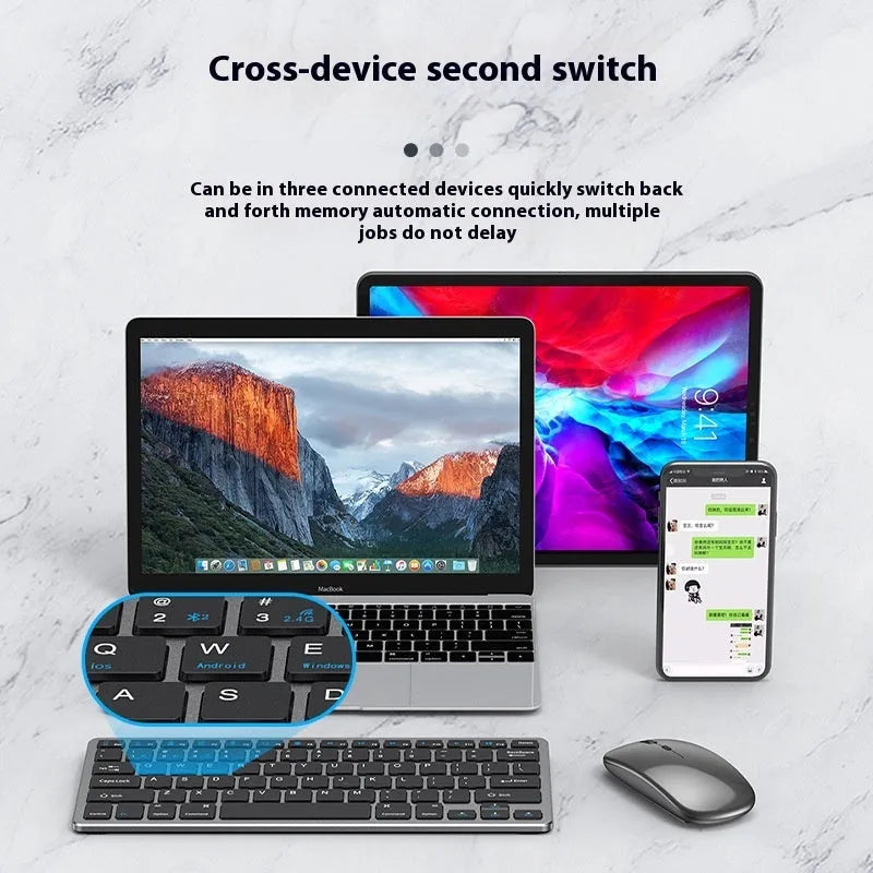 Ultra-thin wireless keyboard and silent mouse set in black with Bluetooth 5.0 and 2.4GHz connectivity options