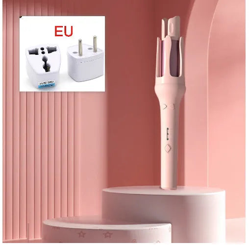 White automatic hair curler with 32mm barrel showing pink or purple colour accents and included power adapter