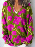 Women's V-neck sweatshirt with 3D floral printed pattern in art retro style