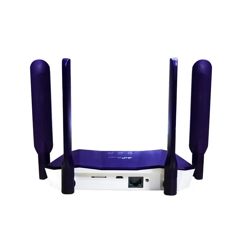 Blue 4G and wired dual-mode router with four extended antennas, showing front panel indicators.