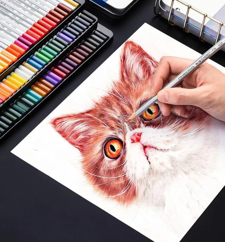 Water-soluble and oily colour pencil drawing set in tin box with 36 to 100 colours