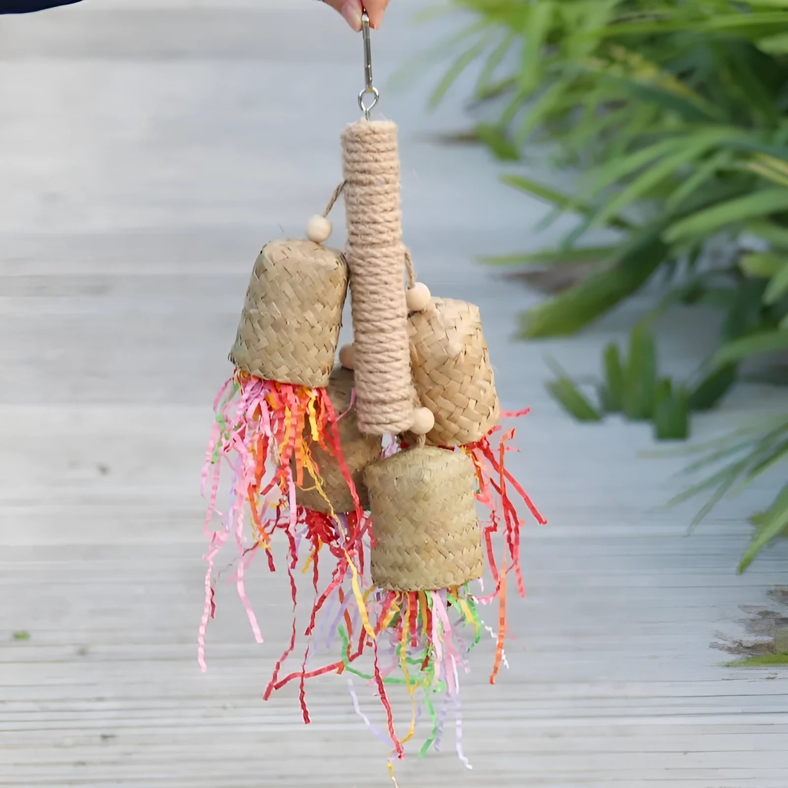 Wood and sisal shredded paper bird toy for parrots with colourful paper strips