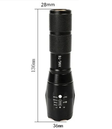 Black aluminium alloy LED zoom flashlight with adjustable focus head on a dark background.