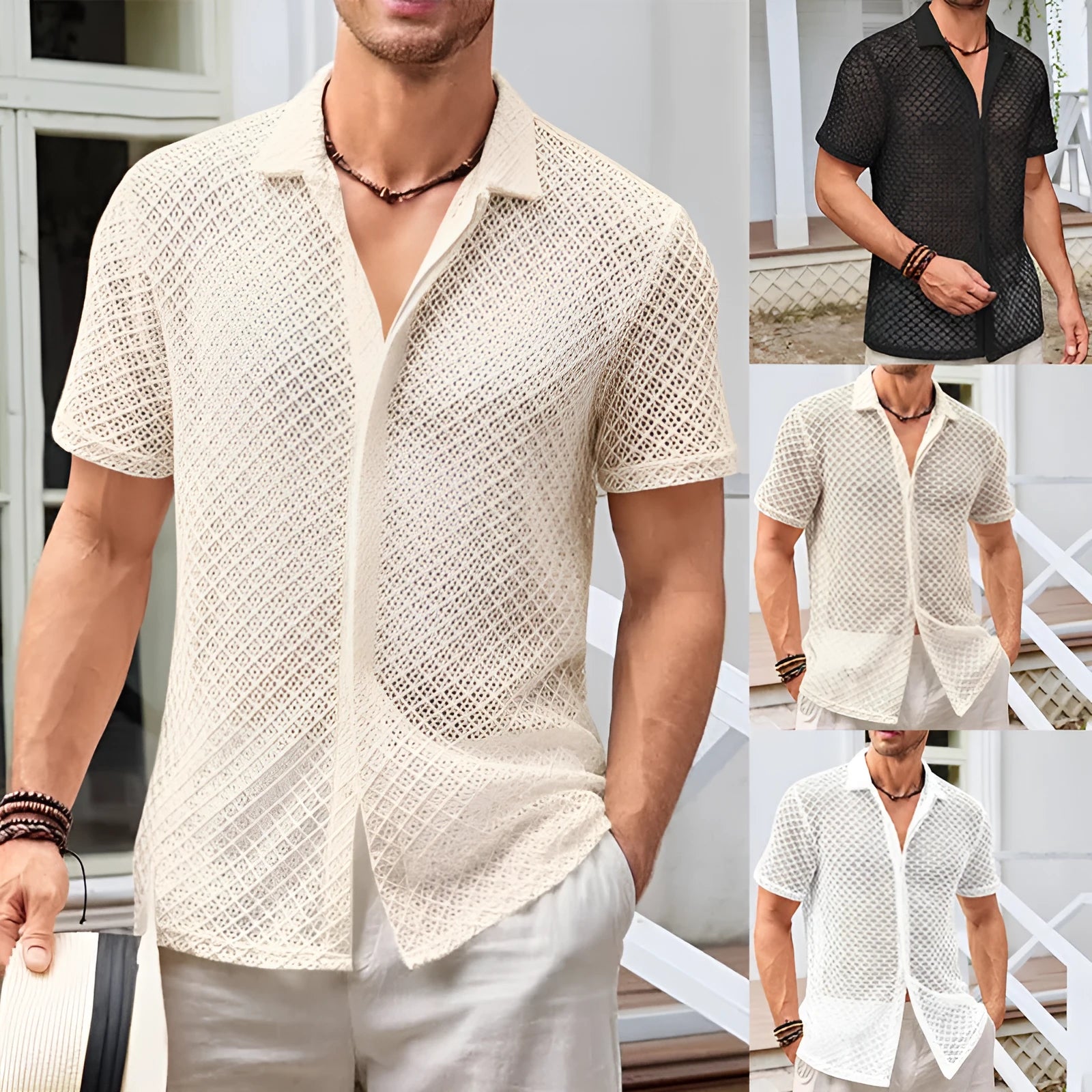 Man wearing a short sleeve lapel cardigan shirt in a solid light colour for summer.