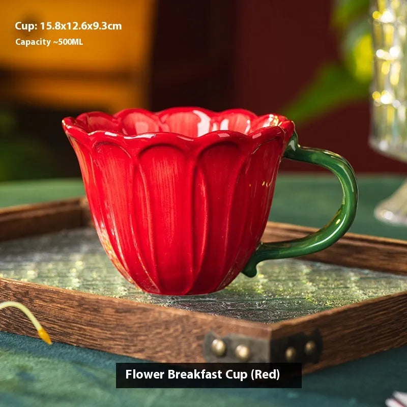 Red and purple ceramic breakfast mugs with floral pattern, 500ml capacity.