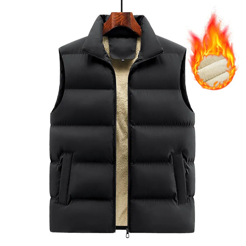 Man wearing a black and white striped sleeveless lambswool vest waistcoat.