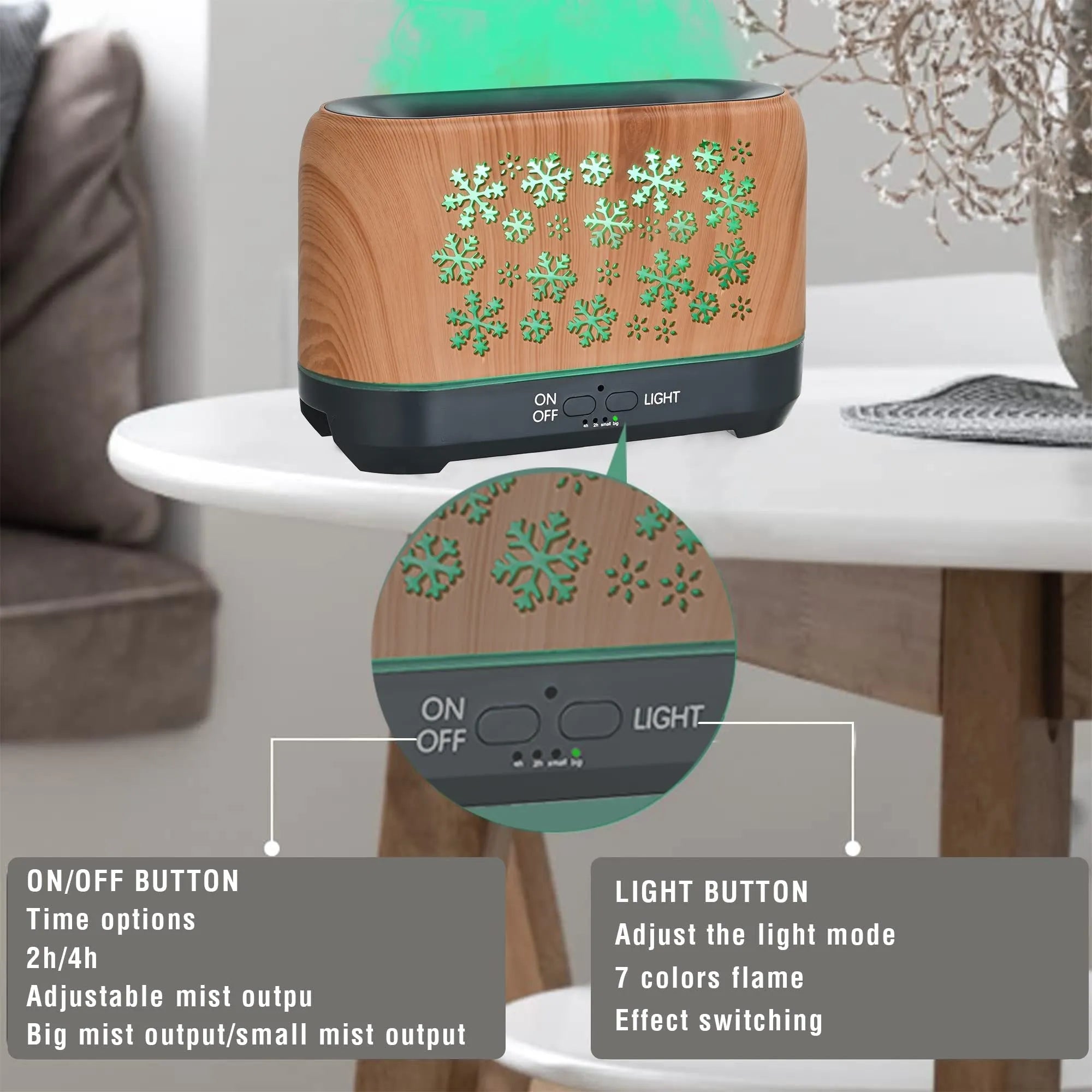 Colourful snowflake wood grain flame effect aromatherapy humidifier diffuser on a desktop with remote control.