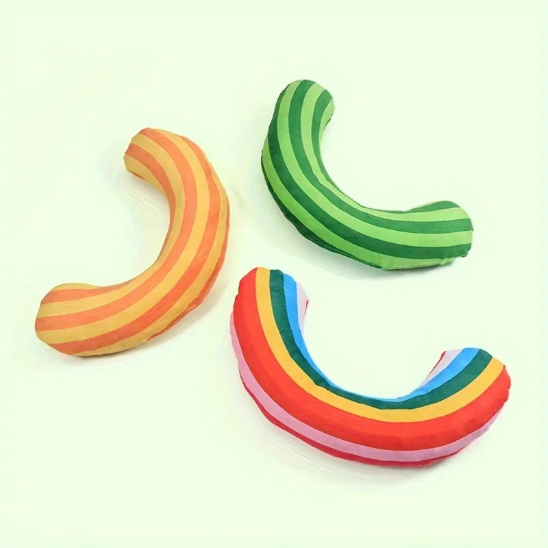 Set of four striped pattern cat pillow toys measuring 23cm by 20cm with catnip filling