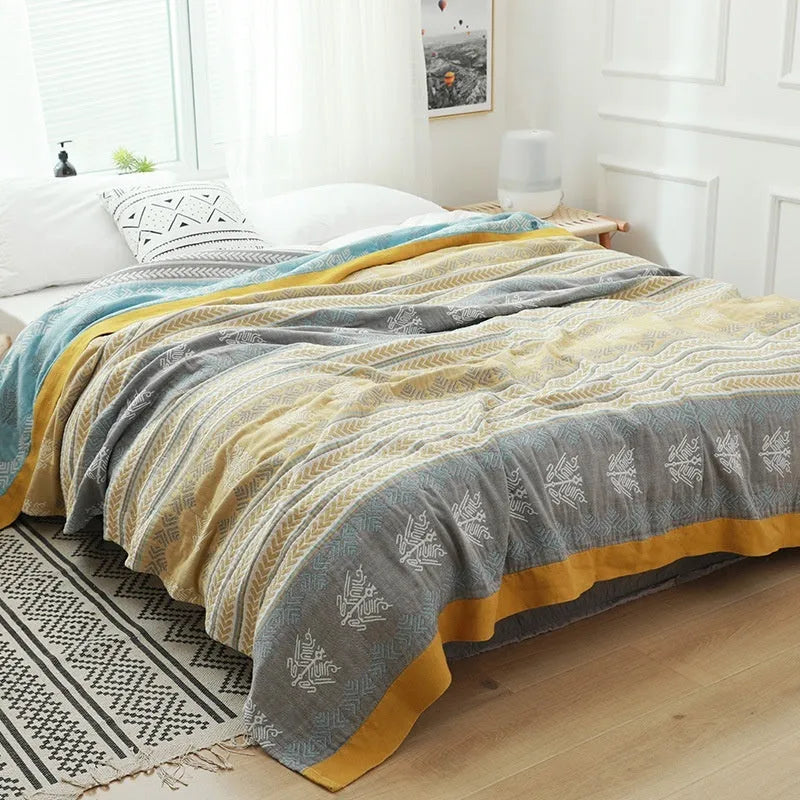 Pure cotton five-layer gauze bedspread blanket with Roulette Wheel Blue reactive print in modern simplicity style.