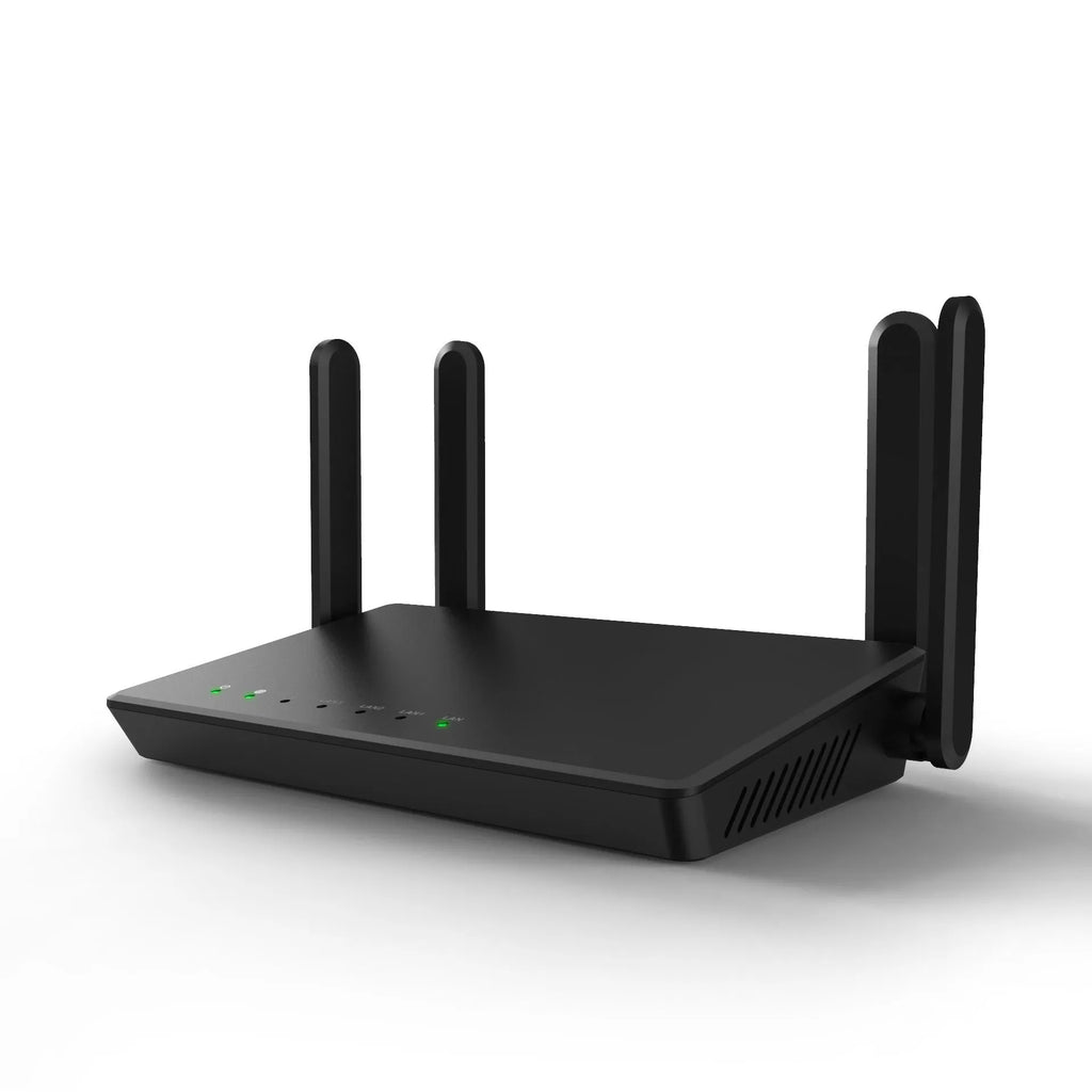 White 300Mbps wireless router with black antennas placed on a desk, size 26 x 6 x 6 cm