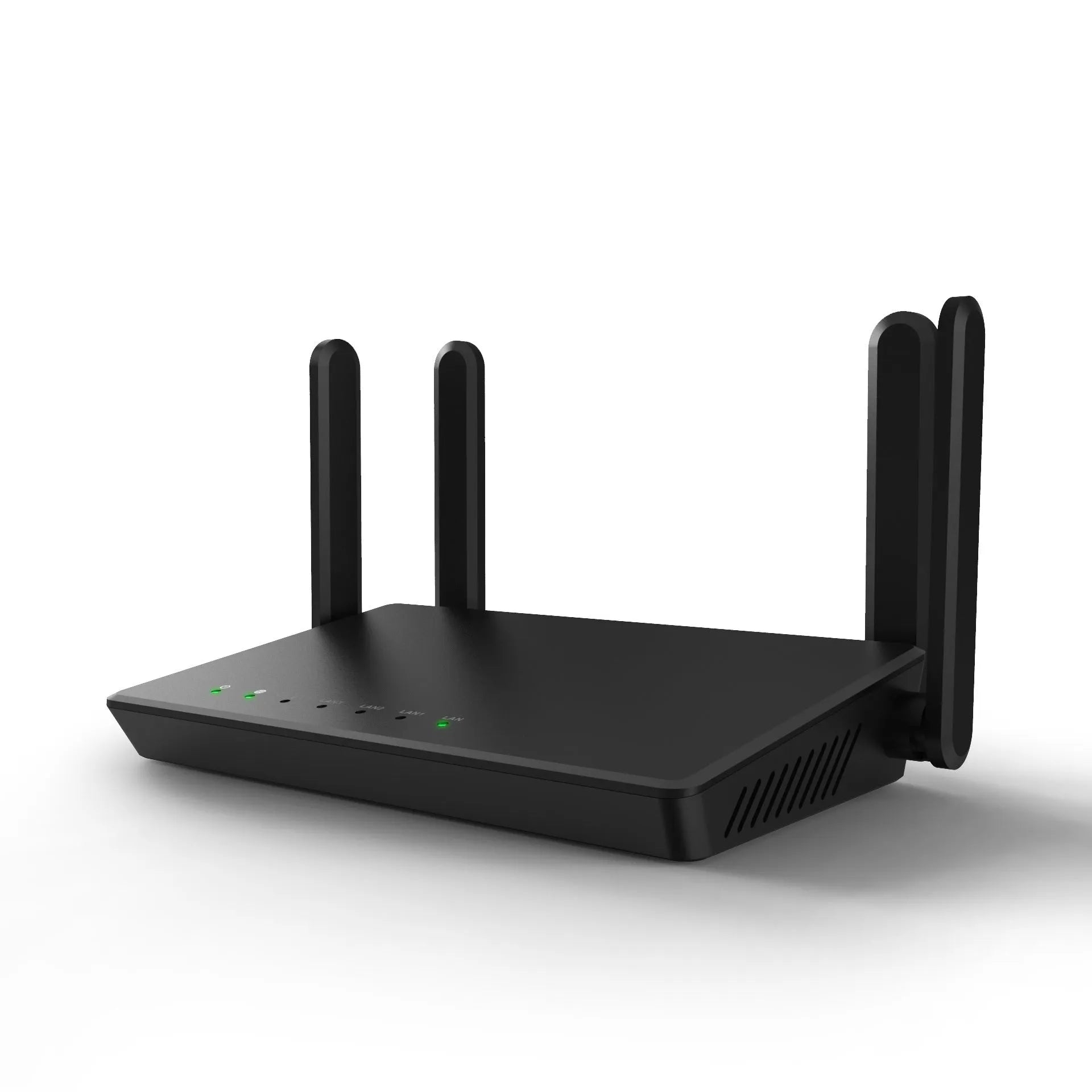 White 300Mbps wireless router with black antennas placed on a desk, size 26 x 6 x 6 cm